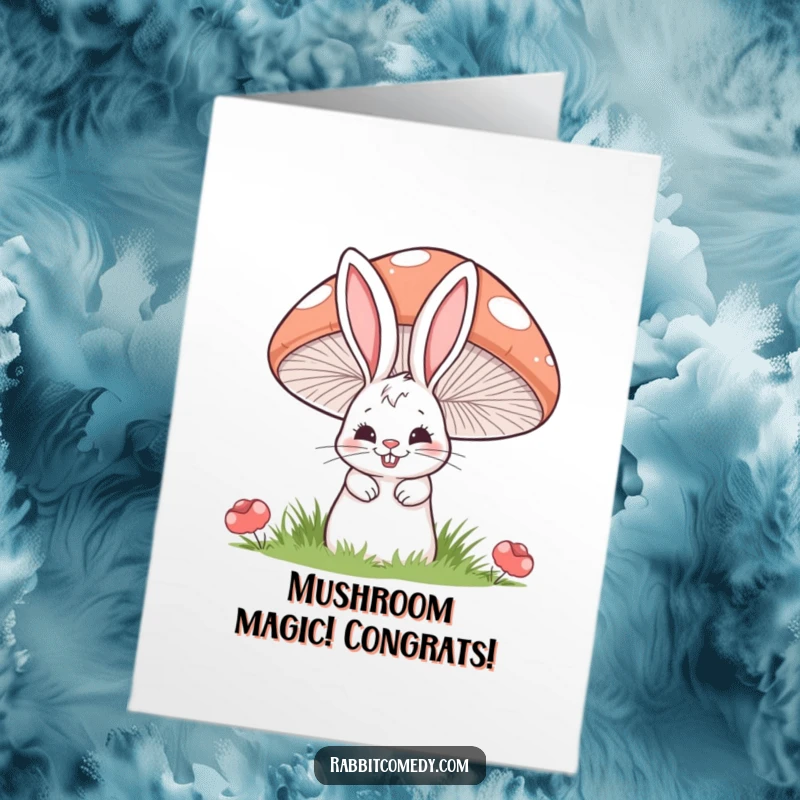 Funny Free Printable Congratulations Card featuring a rabbit peeking with a mischievous grin from behind a large striped mushroom.