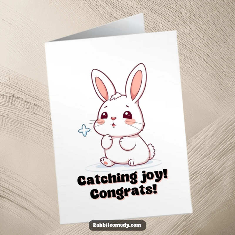 Funny Free Printable Congratulations Card featuring a rabbit playfully trying to catch a snowflake with its nose.