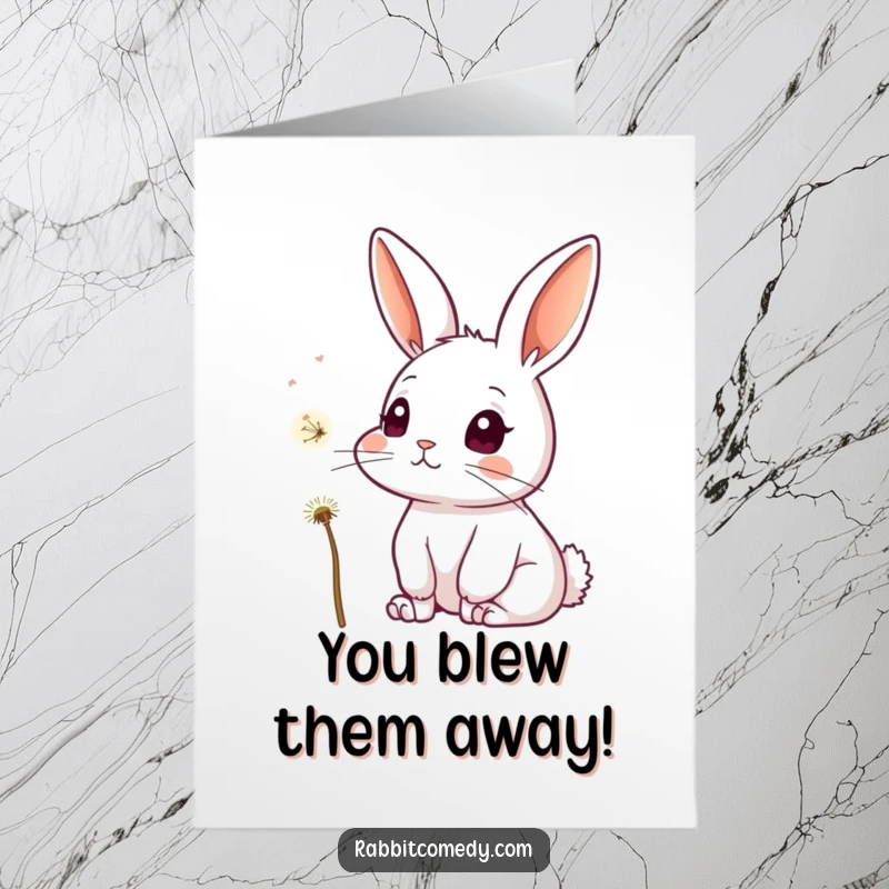Free Printable Congrats Card: A curious rabbit with attentive ears gazes at a delicate dandelion seed floating in the air.