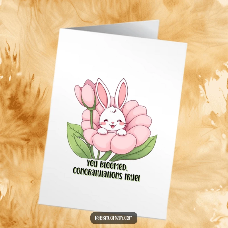 Funny Free Printable Congratulations Card showing a cheerful rabbit peeking from a flower, celebrating success with a happy wiggle.