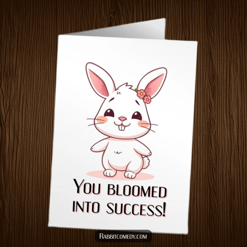 Funny Free Printable Congratulations Card: Goofy rabbit wearing a small flower crown, spinning happily to celebrate.