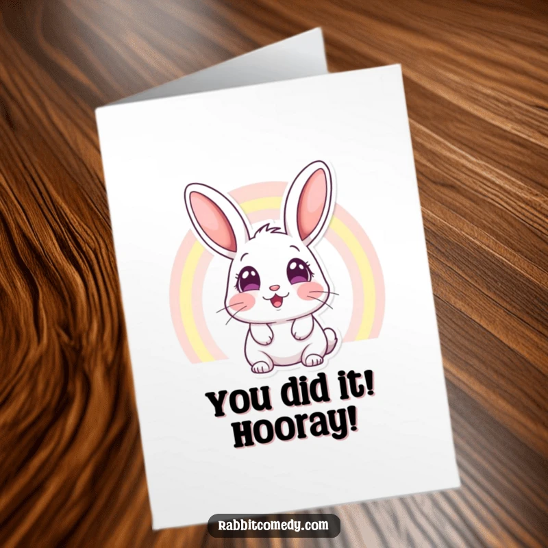 Funny Free Printable Congratulations Card: A joyful rabbit with astonished eyes gazes up at a brilliant rainbow, celebrating success.