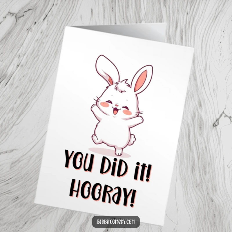 Free Printable Congratulations Card: A fluffy rabbit character doing a silly dance with its ears flopping wildly, celebrating success.