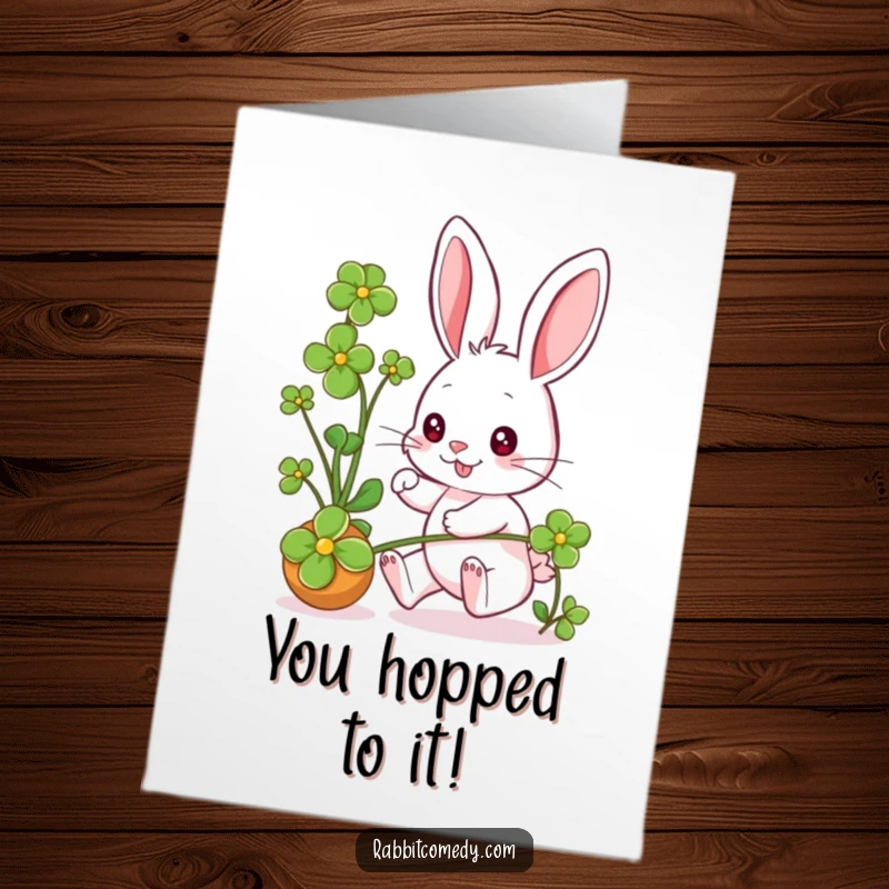 Funny Free Printable Congrats Card: Energetic rabbit joyfully pursues a rolling clover, radiating pure fun.
