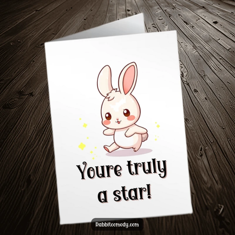 Funny Free Printable Congratulations Card: A delightful rabbit chasing a scattering of luminous dust motes with playful excitement.