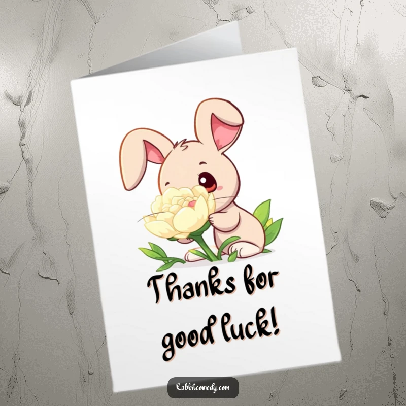 Free Printable Thank You Card: A rabbit character curiously sniffing a giant, dew-kissed clover with wide eyes, expressing gentle appreciation.