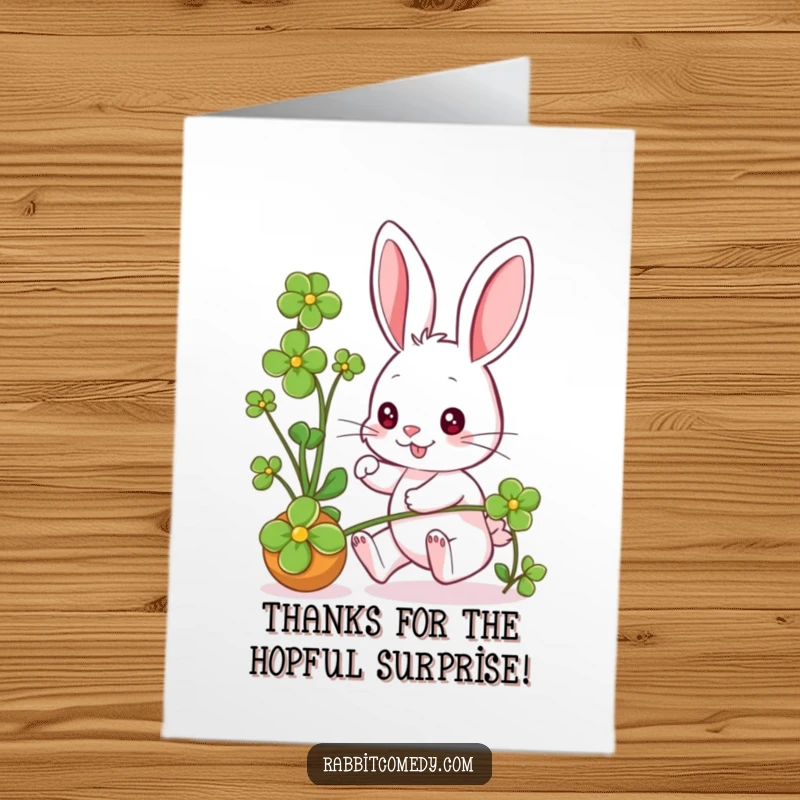 Funny Free Printable Thank You Card: A happy rabbit energetically chases a rolling clover, symbol of good luck.