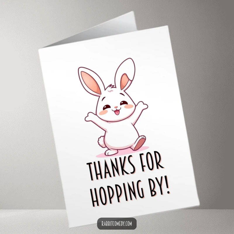 Funny Free Printable Thank You Card with a rabbit doing a joyful, wiggly dance, its ears in motion.