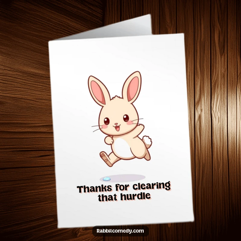 Funny Free Printable Thank You Card: Cheerful rabbit mid-hop over a dewdrop, conveying thanks with a playful spirit.