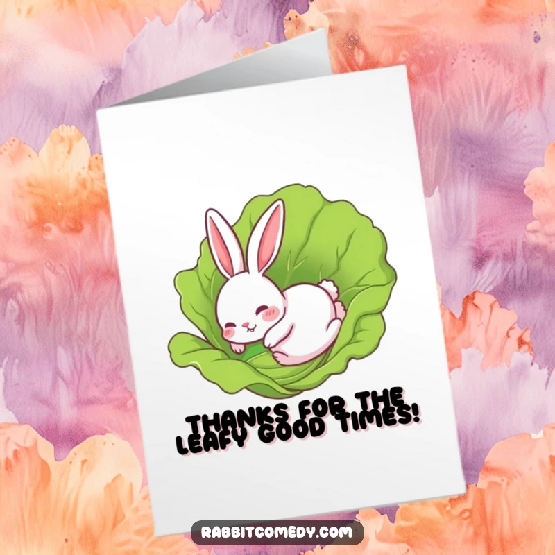 Funny Free Printable Thank You Card: A rabbit comically sliding on a lettuce leaf, a humorous DIY thank you.