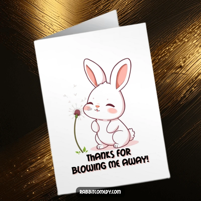 Funny Free Printable Thank You Card: Rabbit character gently blowing a dandelion seed, beautiful printable gift.