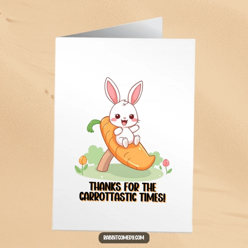 Funny Free Printable Thank You Card: Giddy rabbit hilariously navigates a carrot slide, showing off his smooth moves.