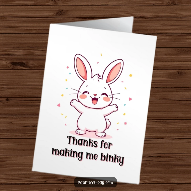 Funny Free Printable Thank You Card: A happy rabbit character binkies exuberantly, leaving a cloud of confetti, expressing thanks.