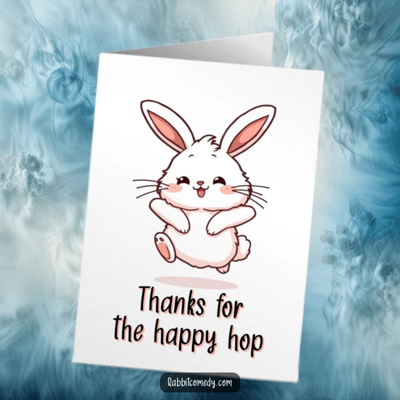 Free Printable Thank You Card, fluffy rabbit character mid-hop, ears twitching, conveying joyful thanks with a happy bounce.