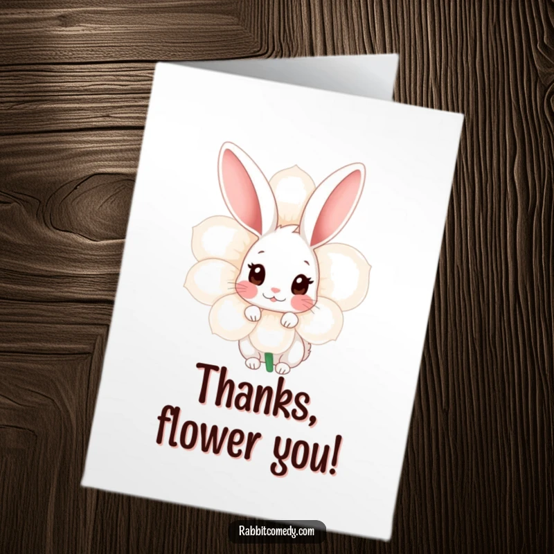 Funny Free Printable Thank You Card: A shy rabbit peeks shyly from behind a big flower, offering thanks.
