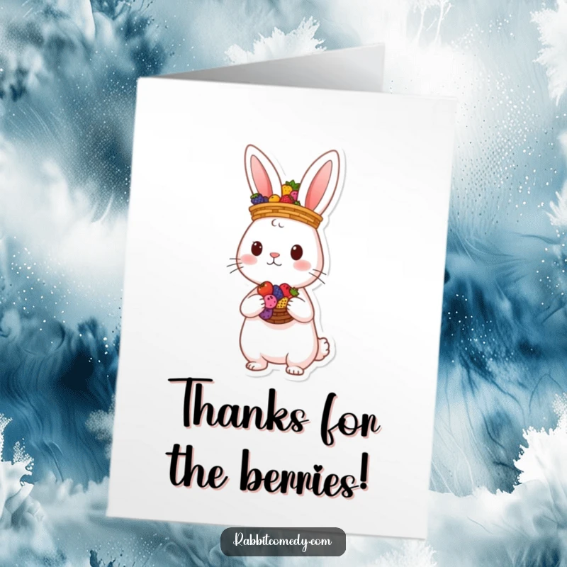Funny Free Printable Thank You Card: A cute rabbit character balancing a basket of colorful berries on its head, expressing thanks.
