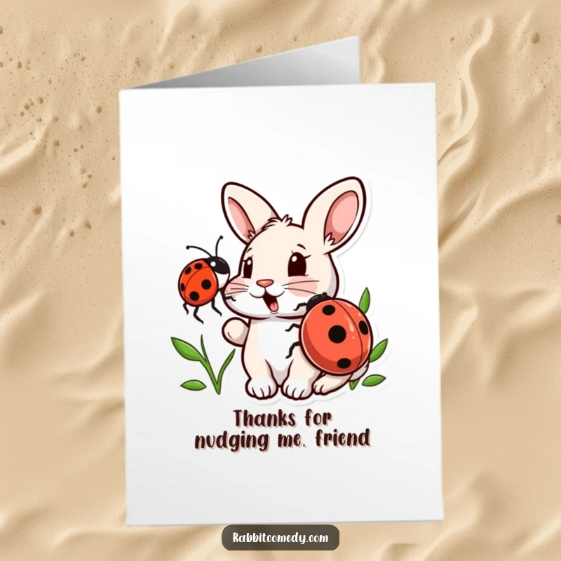 Funny Free Printable Thank You Card: A ladybug nudges a surprised rabbit, a cute way to say thanks with a DIY gift.