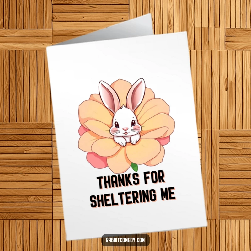 Funny free printable thank you card where a rabbit peeks from behind a large, vibrant flower, conveying thanks with cuteness.