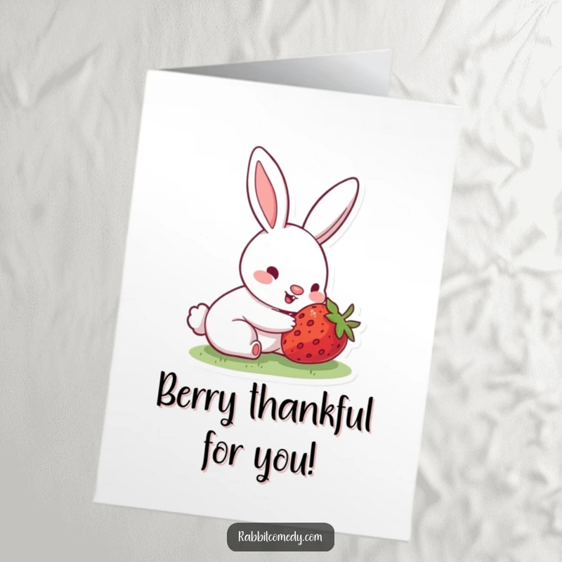 Funny Free Printable Thank You Card: A rabbit with a happy nose wiggle uncovers a delicious hidden strawberry.