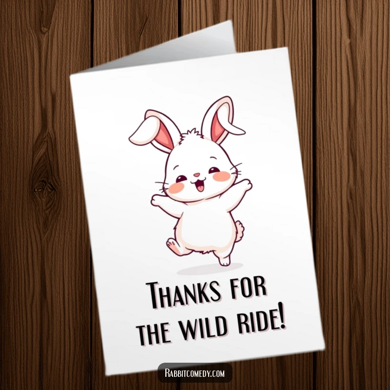 Funny Free Printable thank you card featuring a fluffy rabbit character performing a silly dance with its ears flopping adorably.