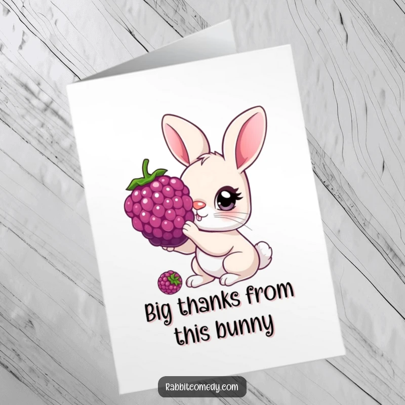 Funny free printable thank you card of a rabbit with comically large curious eyes nibbling a massive berry.