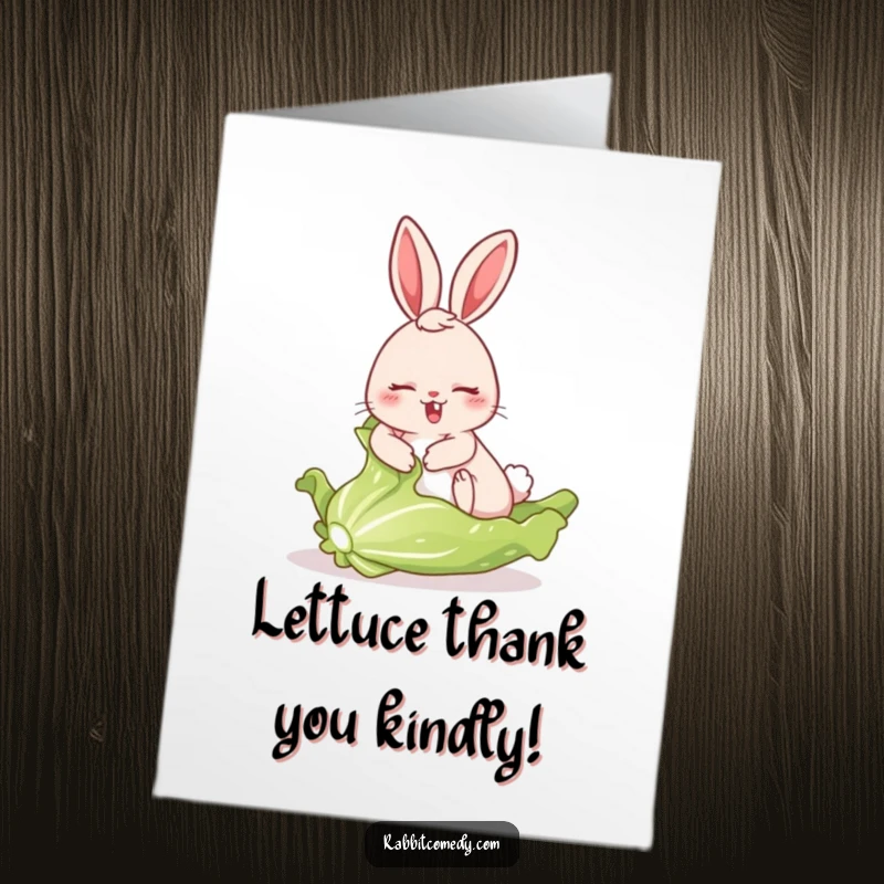 Funny Free Printable Thank You Card: A rabbit character comically sliding on a freshly picked lettuce leaf, expressing thanks with humor.