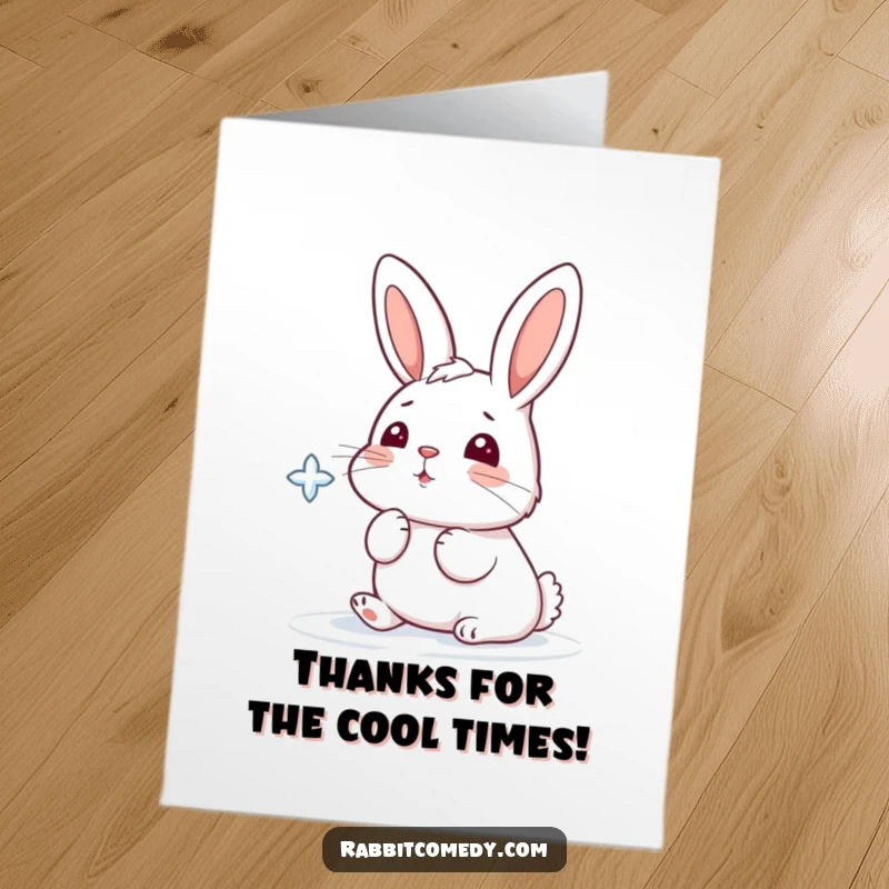 Funny Free Printable Thank You Card: A rabbit playfully catching a falling snowflake with its nose.