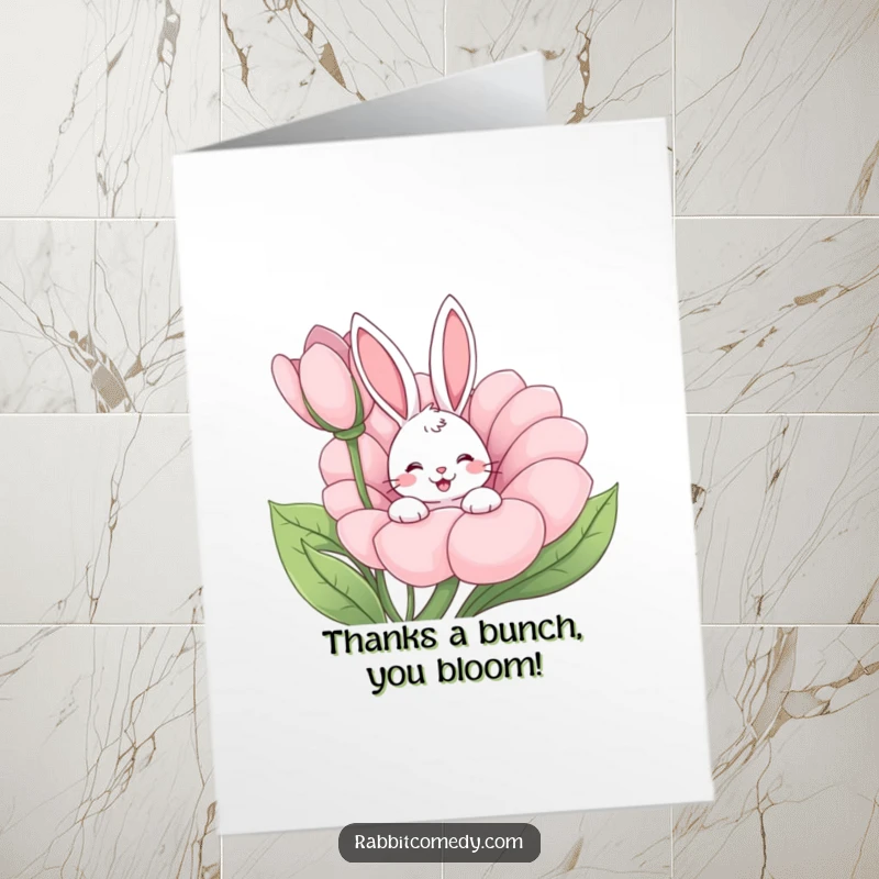 Funny Free Printable Thank You Card featuring a cute rabbit wiggling out of a flower, expressing heartfelt thanks with charm.