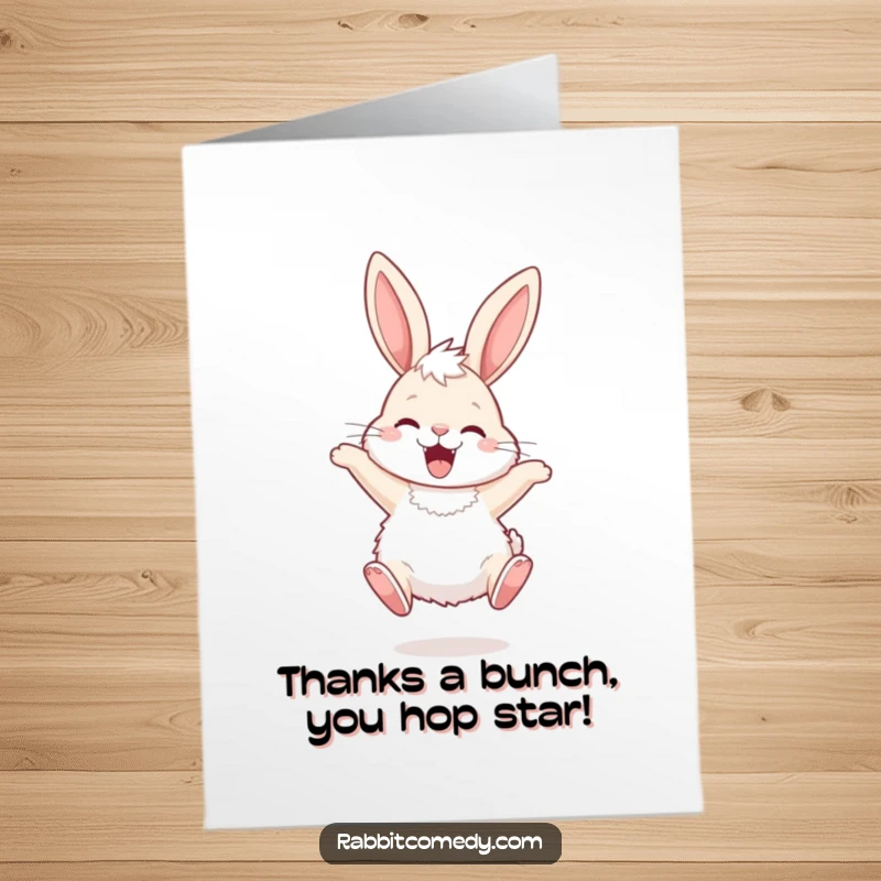 Funny free printable thank you card of a fluffy rabbit with long ears hopping joyfully to express appreciation.
