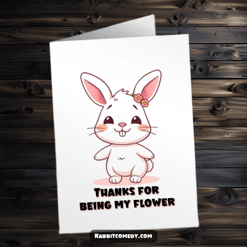 Funny Free Printable Thank You Card: Rabbit with a big grin and flower crown, twirling with joy to say thank you.