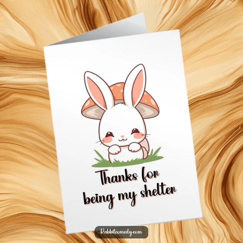 Funny Free Printable Thank You Card: A shy rabbit hiding behind a mushroom, offering a sweet, bashful smile.