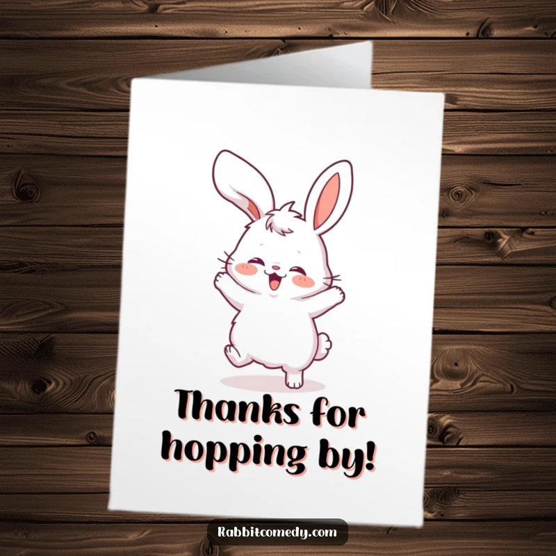 Funny Free Printable Thank You Card: A fluffy rabbit character is doing a silly dance with its ears flopping wildly to show gratitude.