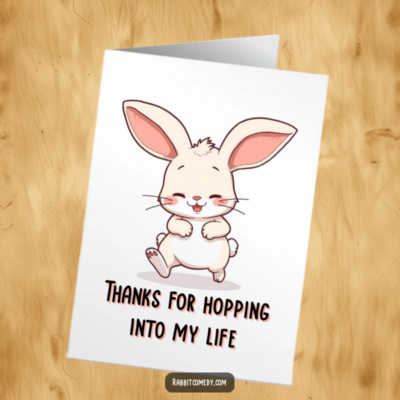 Funny free printable thank you card: A rabbit with massive floppy ears stumbling comically.