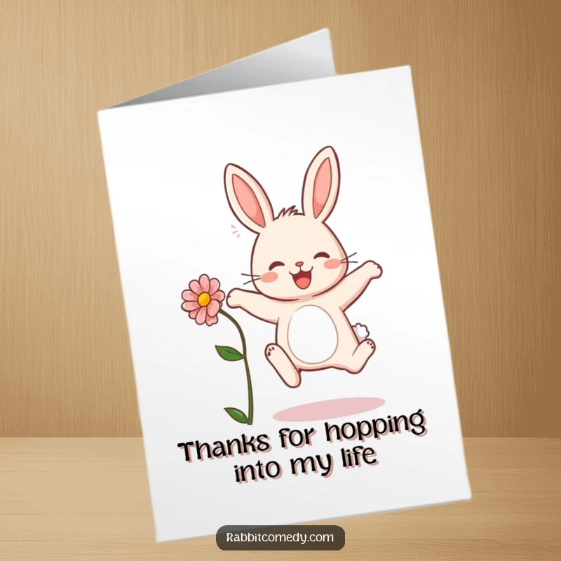 Funny Free Printable Thank You Card: A rabbit in mid-leap, holding a flower, conveying heartfelt thanks.