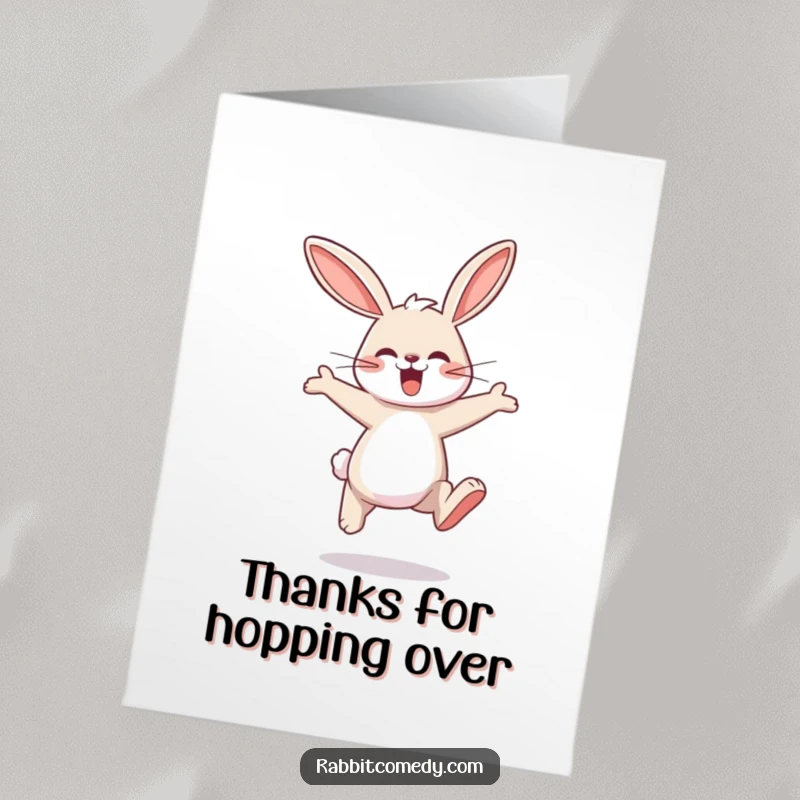 Funny free printable thank you card of a happy rabbit character joyfully hopping with large, exaggerated, bouncy leaps.