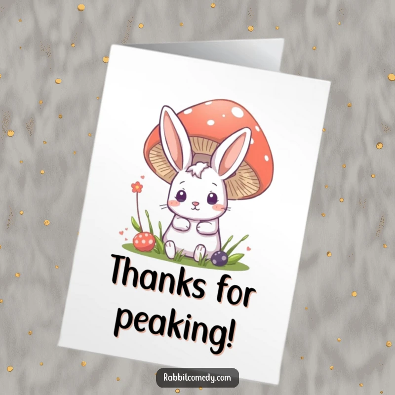 Funny Free Printable Thank You Card: Rabbit character curiously peeking from behind a large mushroom, charming printable gift.