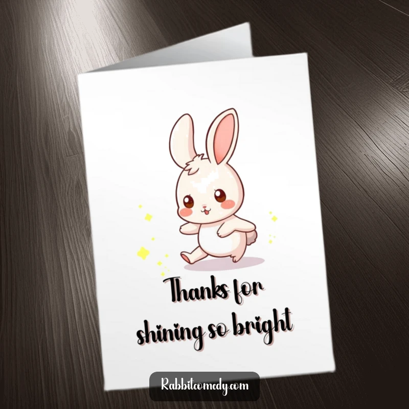 Funny Free Printable Thank You Card: A rabbit playfully chasing tiny, glowing dust motes, expressing thanks with whimsy.