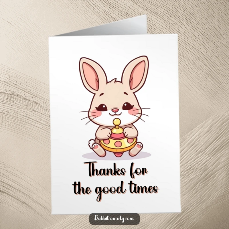 Funny Free Printable Thank You Card: A goofy rabbit intensely focuses on a spinning top, a humorous token of gratitude.