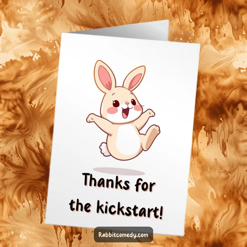 Funny Free Printable Thank You Card: A rabbit performs a silly leg kick, expressing thanks playfully. Great for downloads.