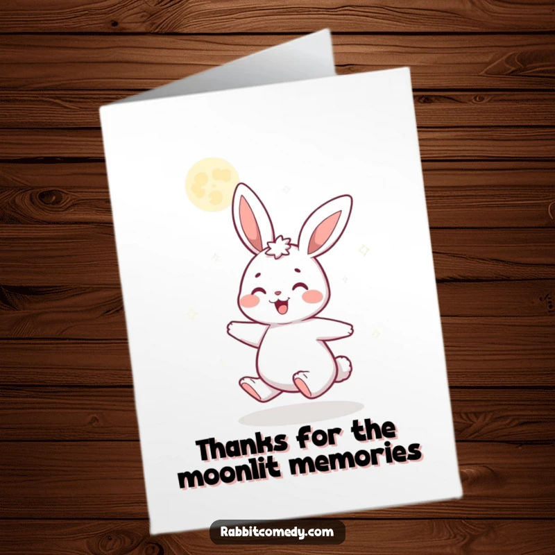 Delightful free printable thank you card: A rabbit gleefully spinning beneath a glittering moon.