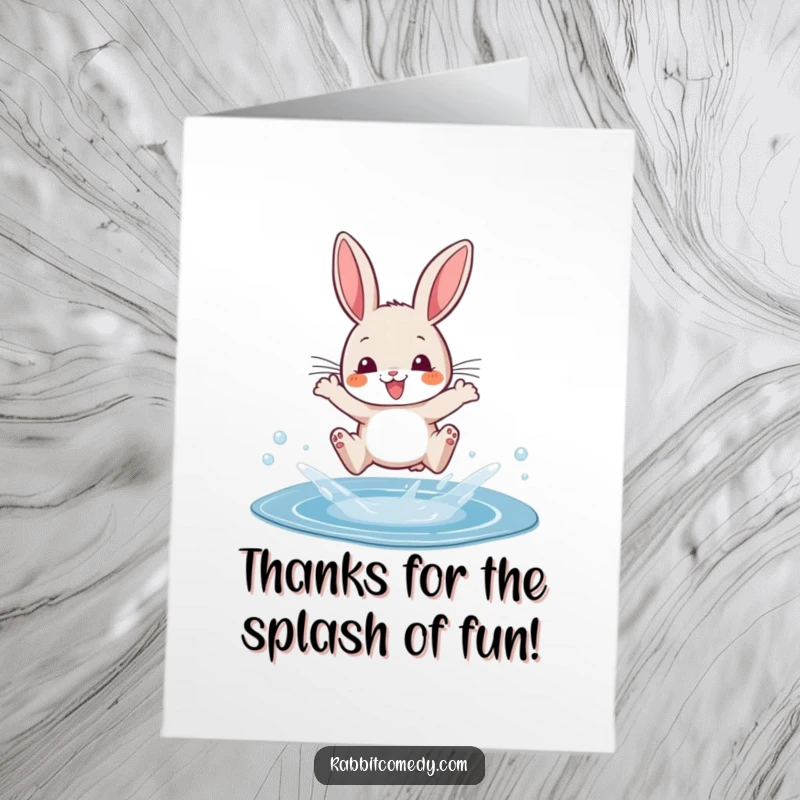 Funny Free Printable Thank You Card featuring a rabbit making a dramatic leap over a puddle with a splash.