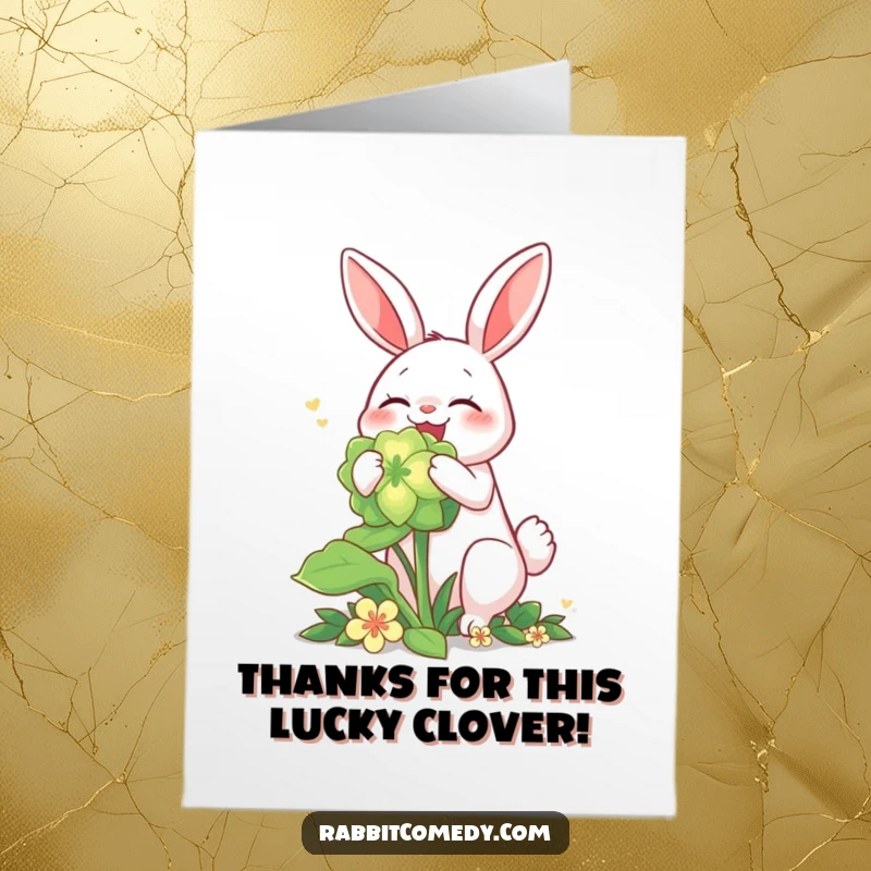 Funny Free Printable Thank You Card: A rabbit cartoon character delightedly munching on a giant, softly glowing clover.