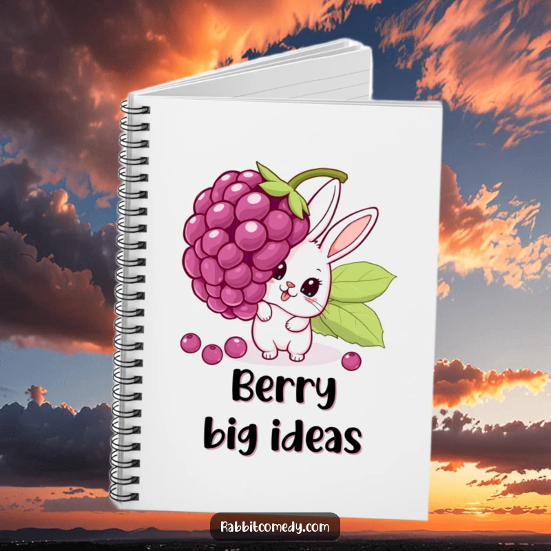 Funny notebook with a cartoon rabbit peeking with surprise from behind an oversized, wobbling berry, perfect for jotting down notes with humor.