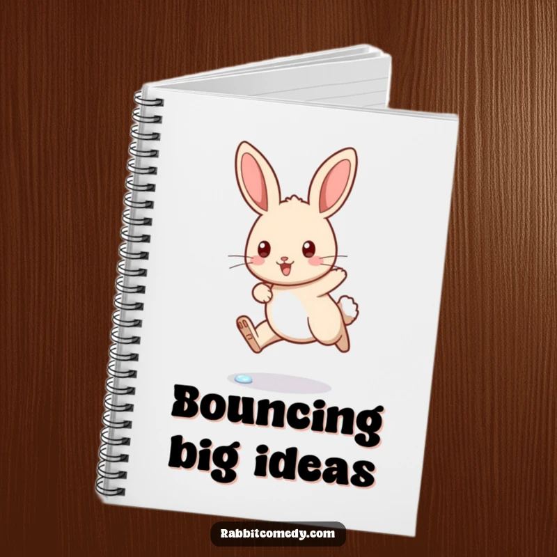 Funny rabbit notebook cover with a determined bunny jumping over a sparkling dewdrop, inspiring humorous thoughts and notes.
