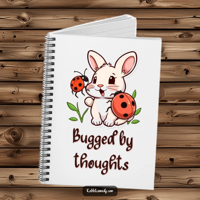 Funny notebook cover with a surprised rabbit and a friendly ladybug, designed to inspire creativity and bring humor to note-taking.