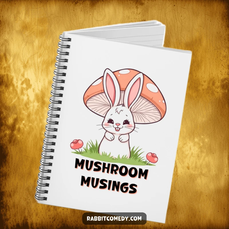 Funny notebook cover featuring a cartoon rabbit with a mischievous grin peeking from behind a large, striped mushroom.