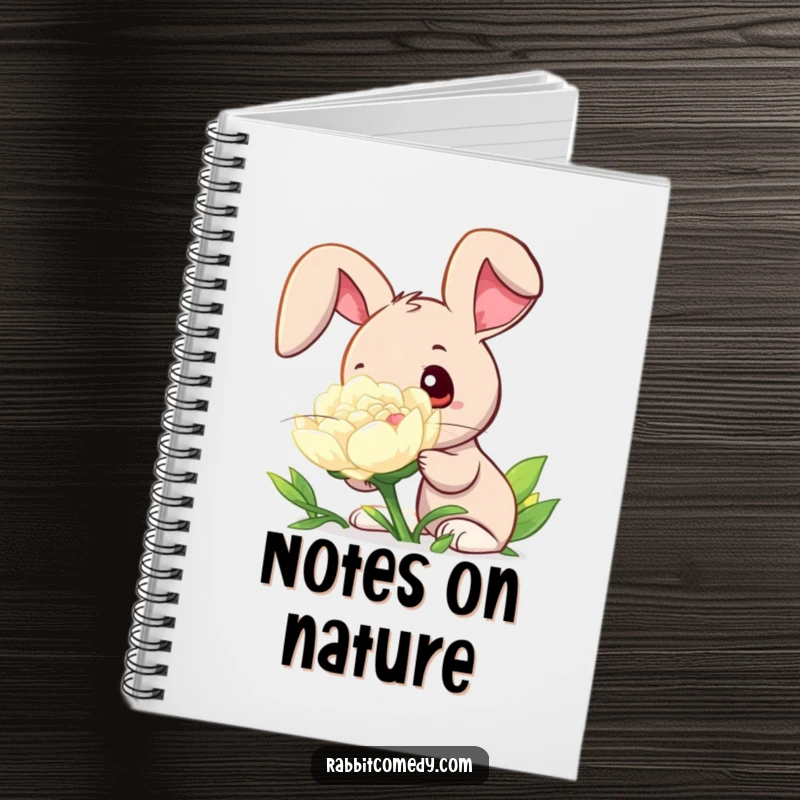 Funny notebook cover art: a rabbit with wide, curious eyes sniffing a large, dew-covered clover, perfect for jotting down thoughts.