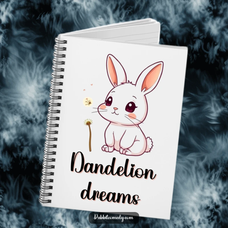 Funny notebook cover with a rabbit, ears up and eyes full of curiosity, observing a delicate dandelion seed in mid-air.