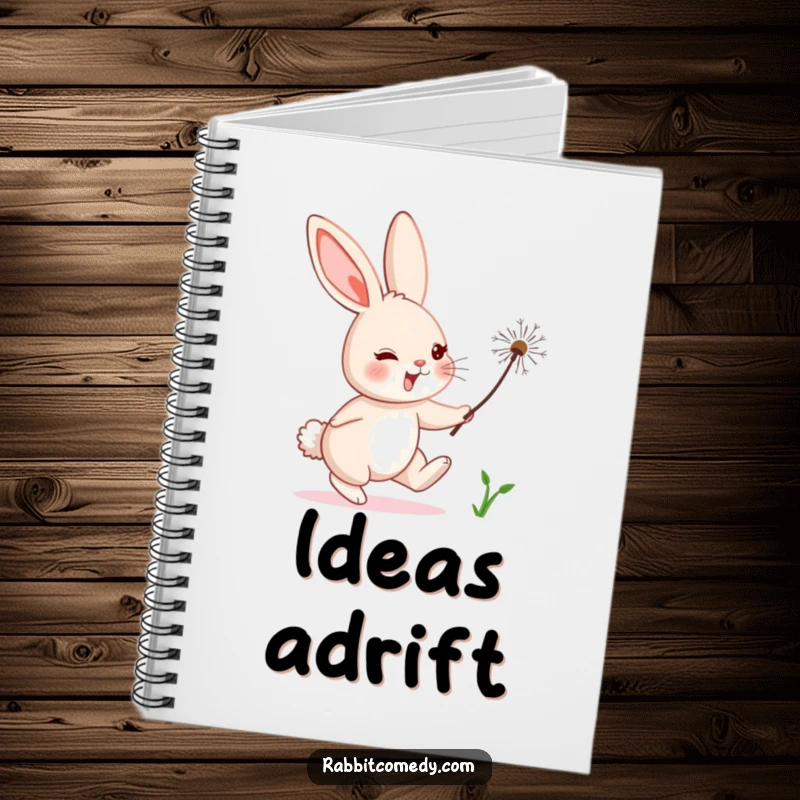 Funny rabbit character comically chasing a floating dandelion seed, inspiring notes and doodles in this humorous notebook.