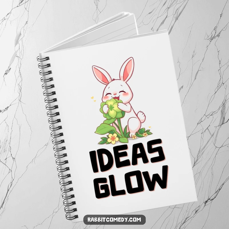 Funny rabbit notebook cover, joyfully munching a giant glowing clover, ready to capture your lucky thoughts.